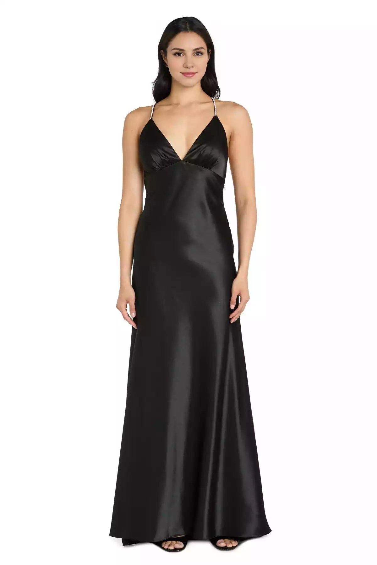 Exquisite black satin long style low hanging back V-neck exquisite and elegant Prom Dresses